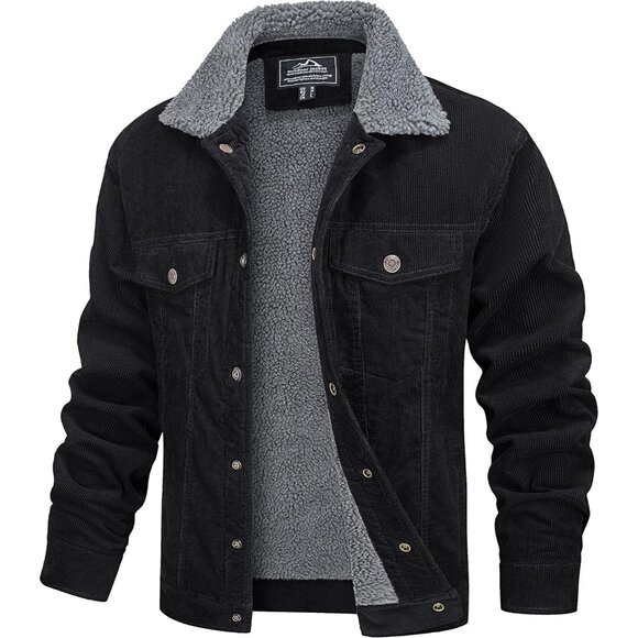 Mens Black Corduroy Jacket Sherpa Lined Warm Winter Trucker Cargo Coat - Picture 1 of 7